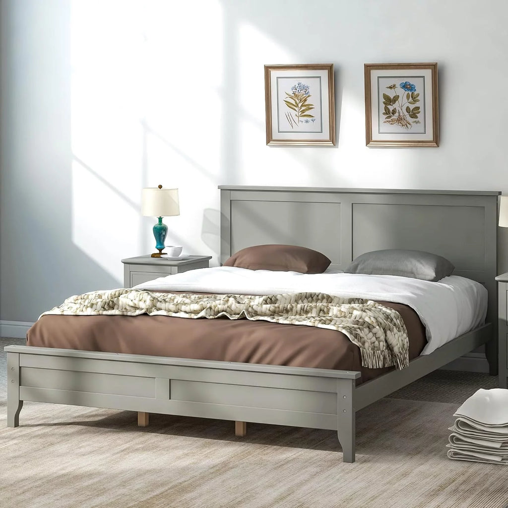 Queen Size Gray Wood Platform Bed Frame with Headboard G97164