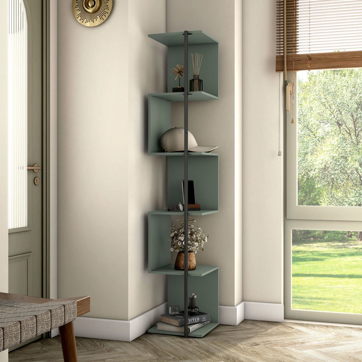 5-Tier Corner Bookcase Sage Green Book Shelf Stand F994