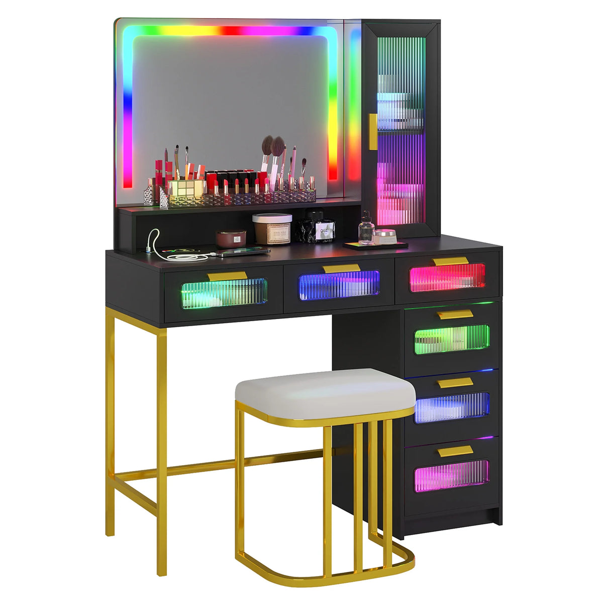Black Vanity Set with 6 Drawers and Stool H99061