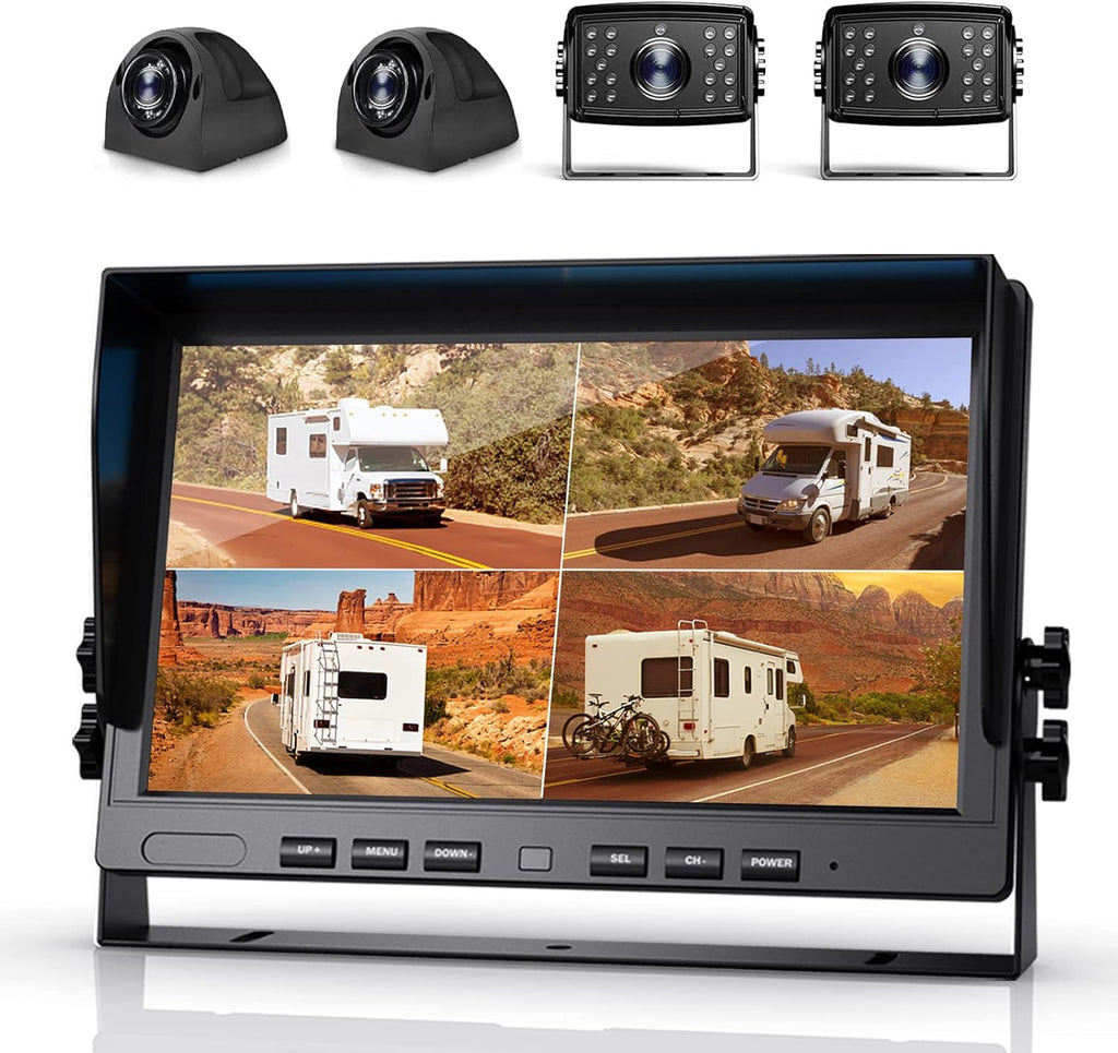 9'' 1080P DVR Wired Backup Camera System, HD Quad Split Monitor, 4 x Cameras, IP69 Waterproof P646945