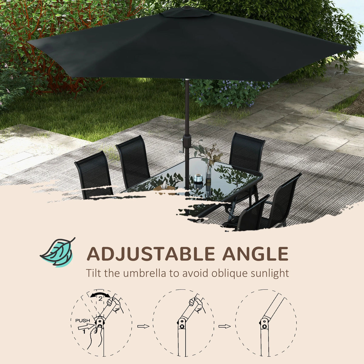 Black Patio Dining Set for Six with Umbrella O6352
