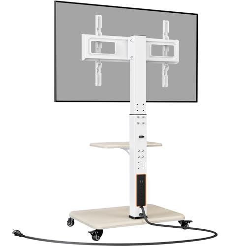 White Tilt & Swivel Rolling TV Stand with Power Outlet U39433