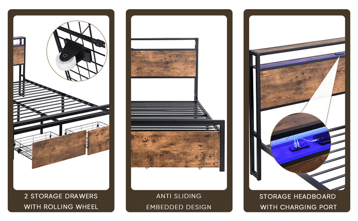 Queen Size Metal Bed Frame with Storage Headboard and 2 Drawers F837