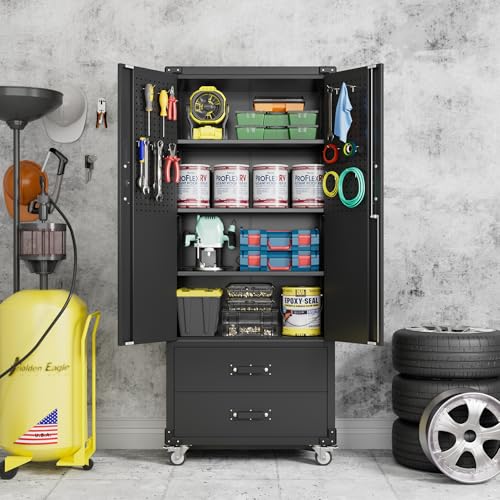 Black Metal Garage Storage Cabinet with Pegboard R363