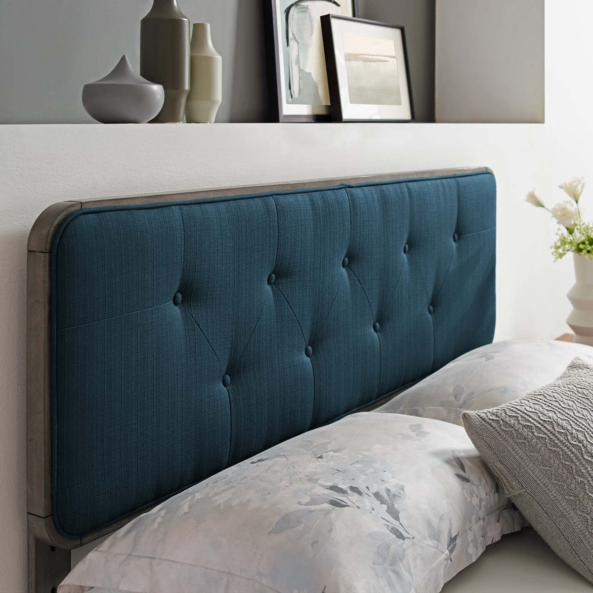 Grey Tufted Fabric Wood Headboard Y24728