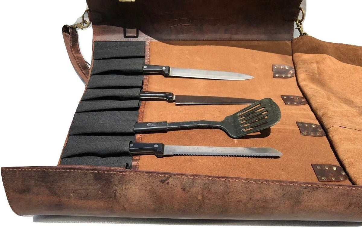 Black Buffalo Leather Knife Roll Set E7086