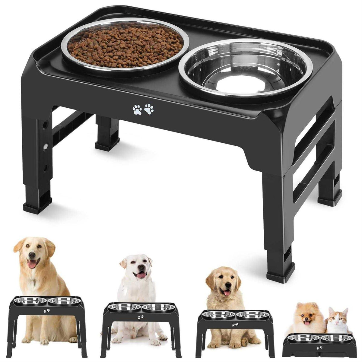 4 Height Adjustable Raised Dog Bowls with 2 Stainless Steel Bowls O951428