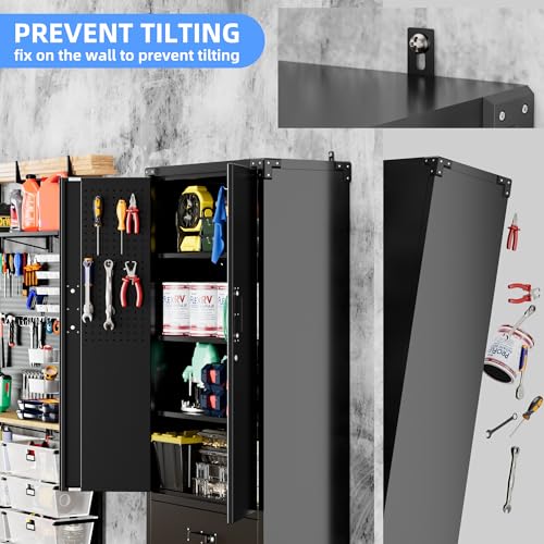 Black Metal Garage Storage Cabinet with Pegboard R363