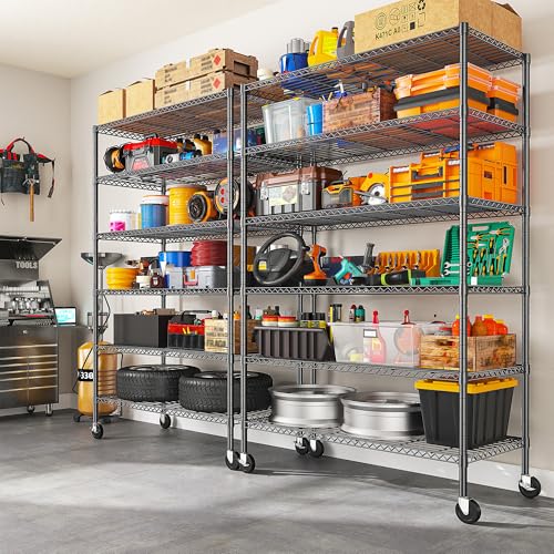 82" H X45 W X18 D 6 Tier Adjustable Metal Shelving with Wheels, Black R466