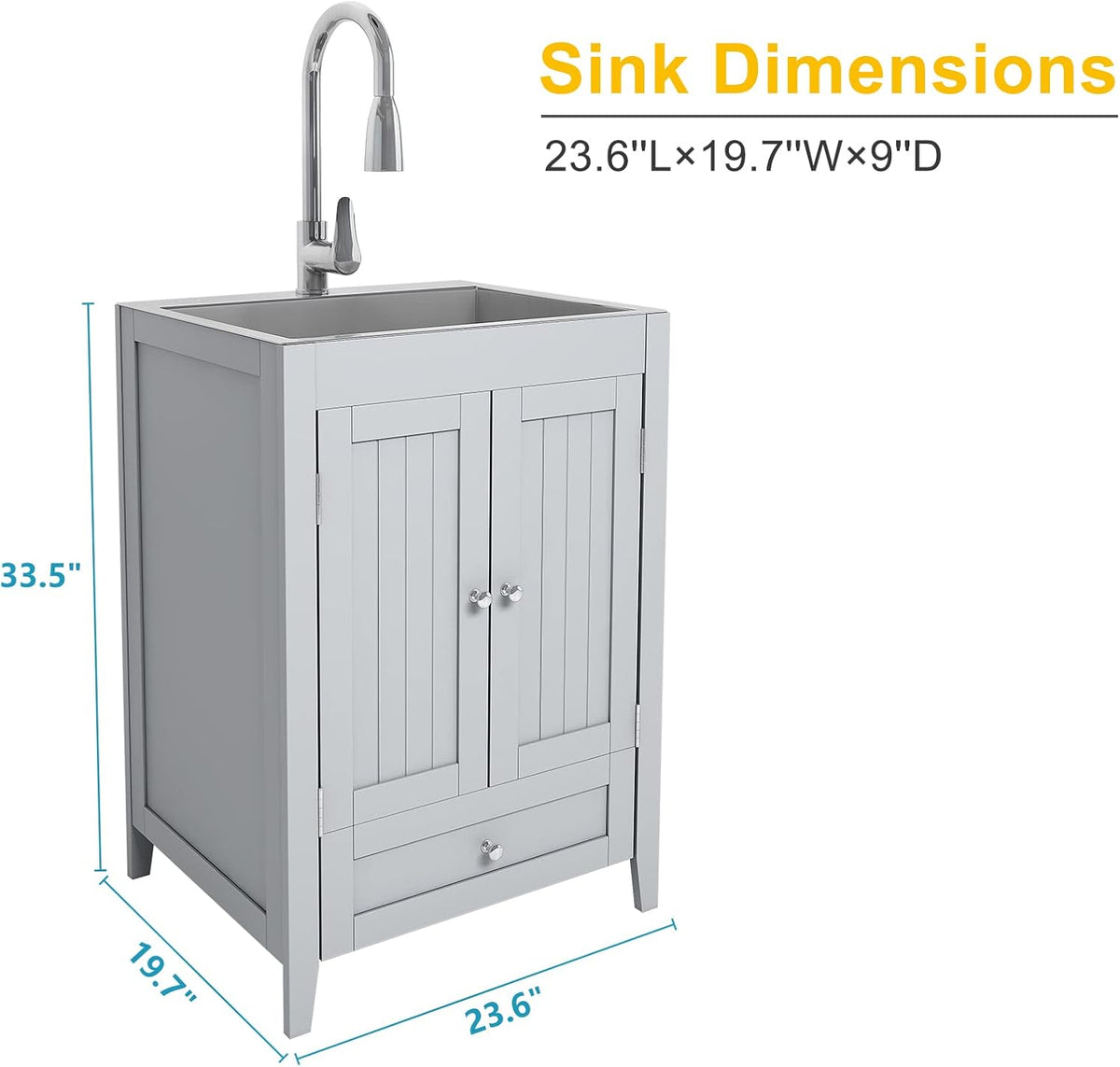 24-Inch Laundry Cabinet with Sink Grey Cabinet with Drawer Stainless Steel Sink Faucet Combo G7709