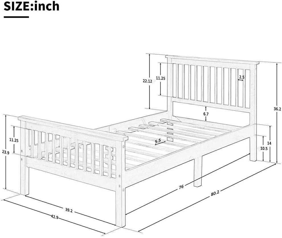 Pine Wood Low Profile Platform Bed, Twin, Oak M66444