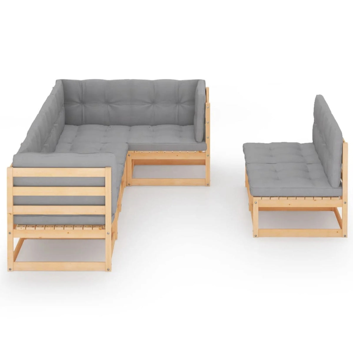 7 Piece Wood Garden Conversation Set Gray Cushioned Pinewood Sectional Sofa Set P4417