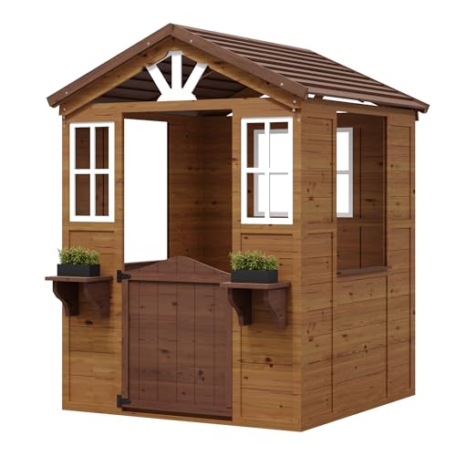 Cedar Wooden Kids Playhouse with Play Kitchen and Vinyl Roof U9617