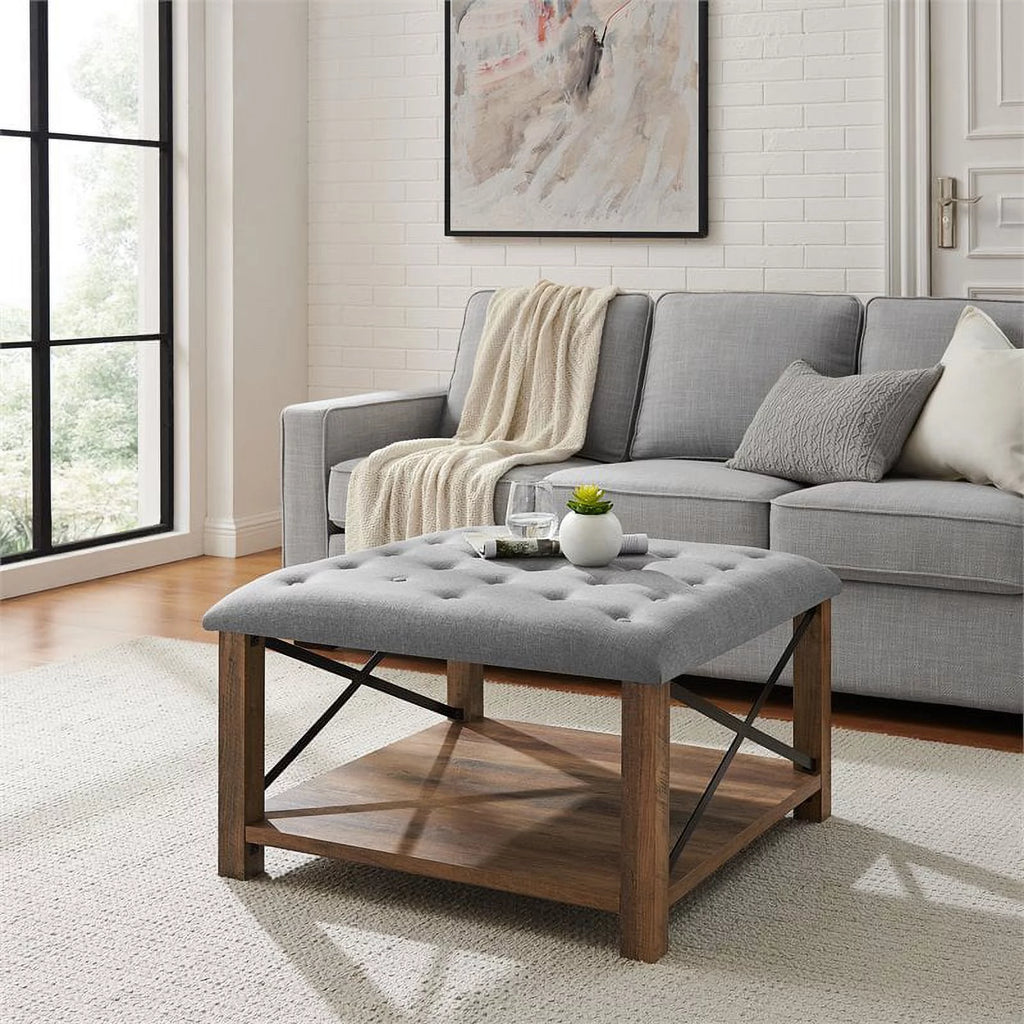 30" Square Tufted Fabric Upholstered Ottoman in Gray Z6064