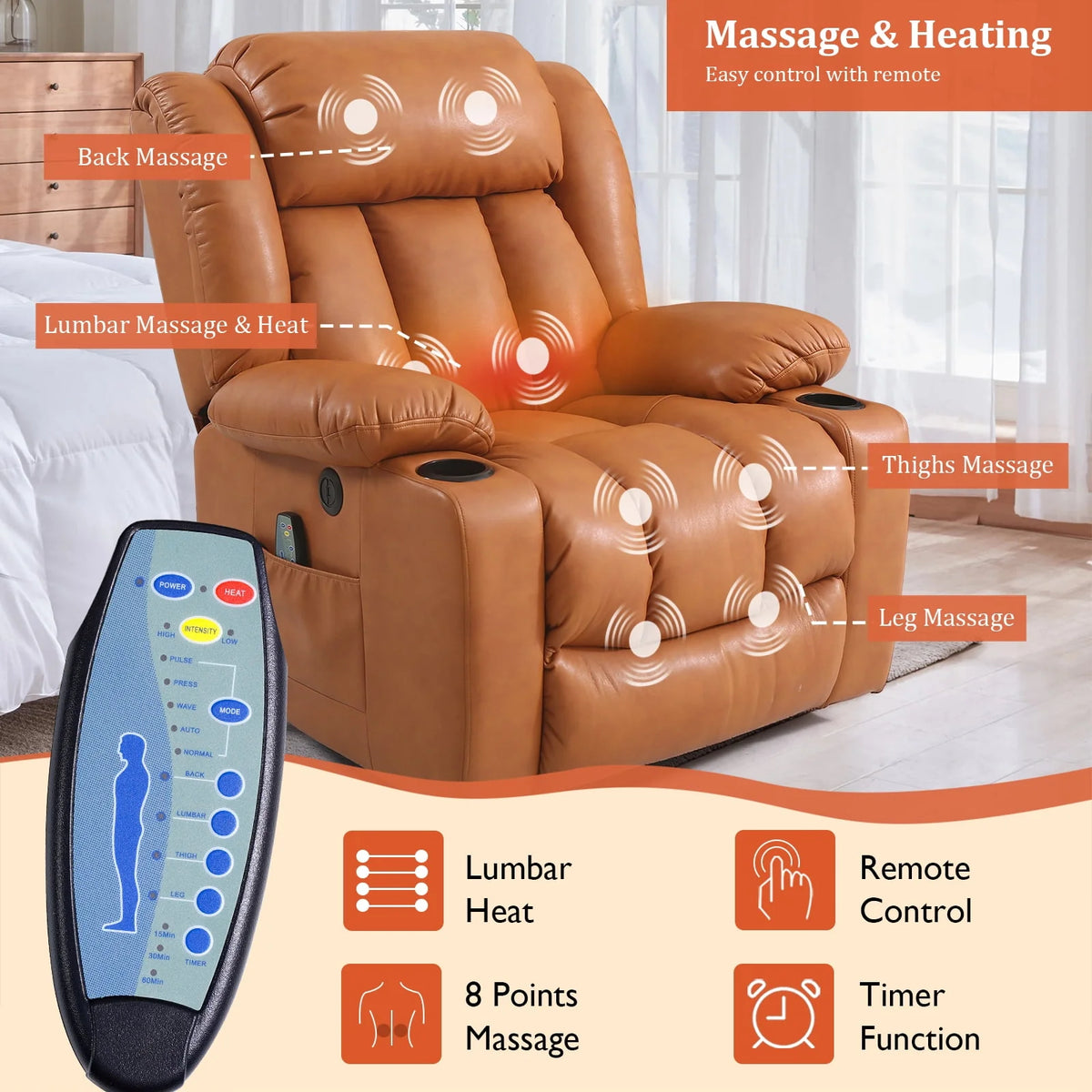 Large Power Lift Recliner Chair with Heat and Massage Leather Grey T240