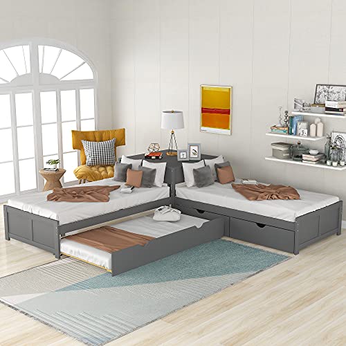 Grey Wood L-Shaped Corner Platform Beds with Trundle, Double Twin Size Beds with 2 Drawers G891458