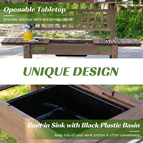 Brown Wooden Potting Bench Table with Sliding Tabletop and Storage Shelf R393
