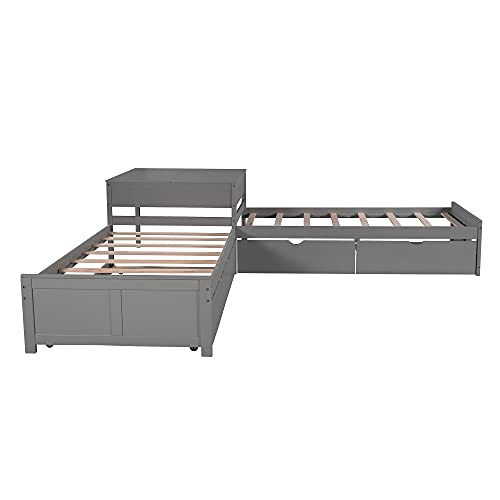 Grey Wood L-Shaped Corner Platform Beds with Trundle, Double Twin Size Beds with 2 Drawers G891458