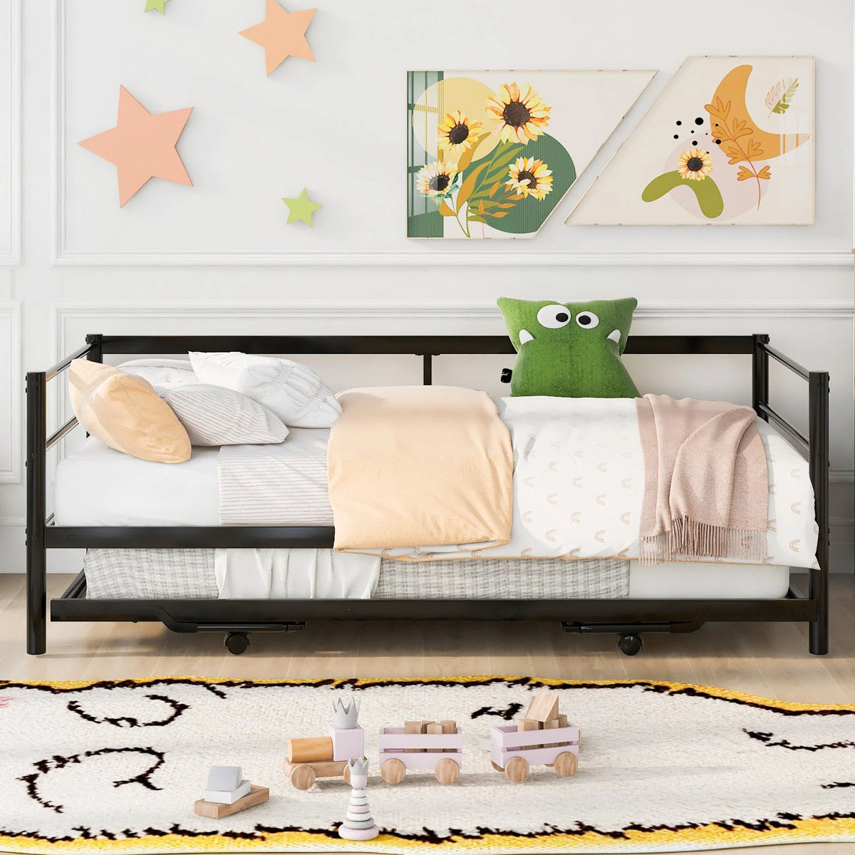 Twin Size Black Metal Daybed with Trundle Y76173