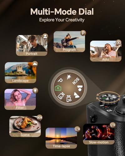 8K Digital Camera with Front and Rear Lens, Flash, Touch Screen, 64GB Card, 2 Batteries J394