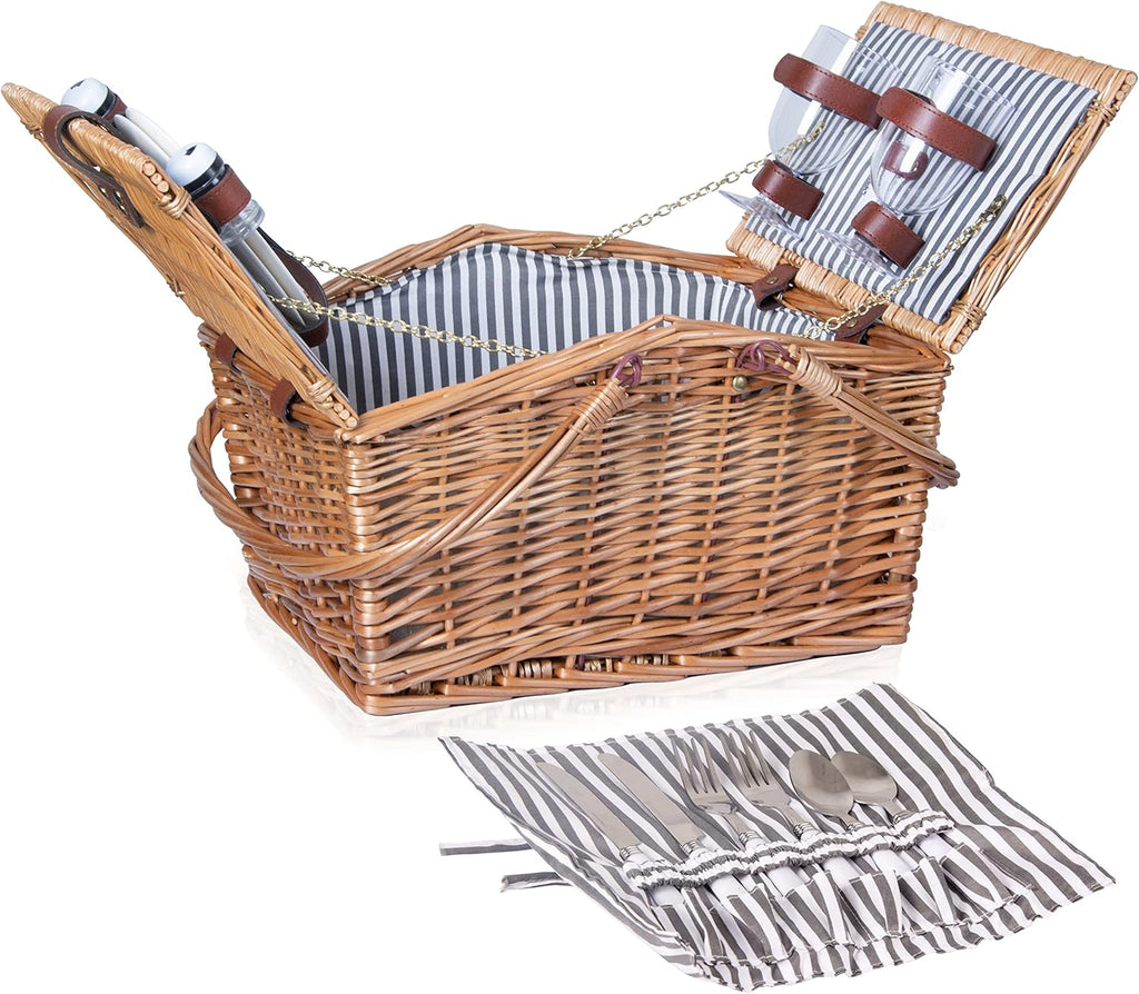 Wicker Picnic Basket Set with Double Collapsible Handles, Grey-Stripe, Pack of 2 N3744