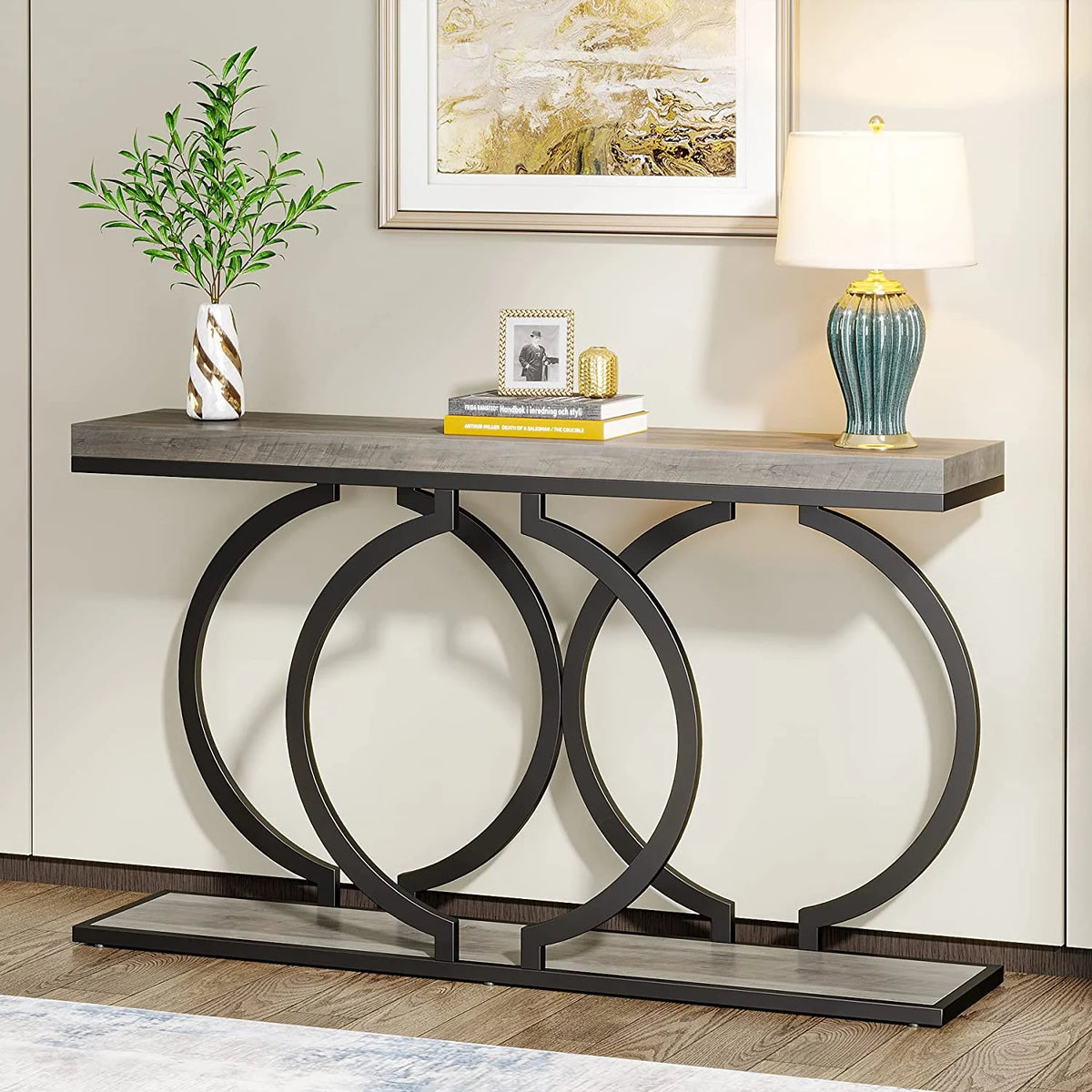 55" Console Sofa Table with Geometric Metal Frame U668