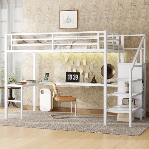 Full Size White Metal Loft Bed with Desk and Storage Stairs H660706