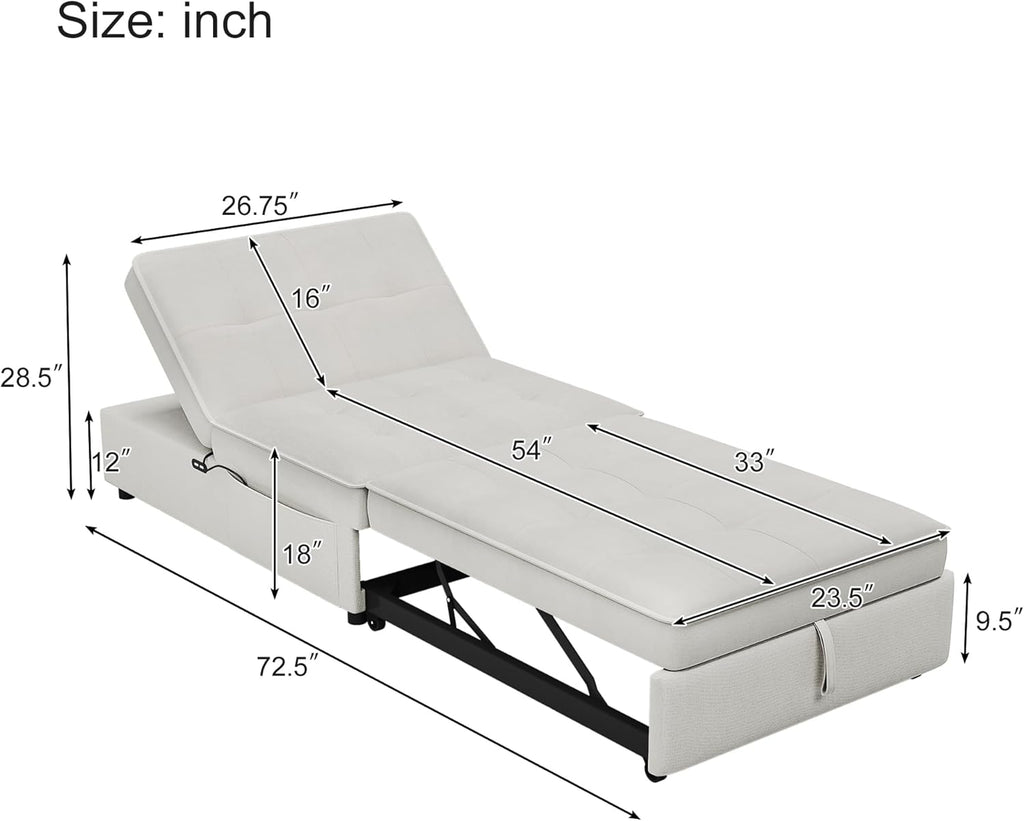 White 4-in-1 Folding Ottoman Bed with Storage Pocket and USB Port K2033