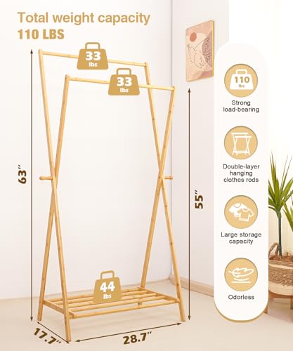 Bamboo Clothes Rack with Storage Shelf, Foldable Wardrobe Storage Rack (Natural) S745