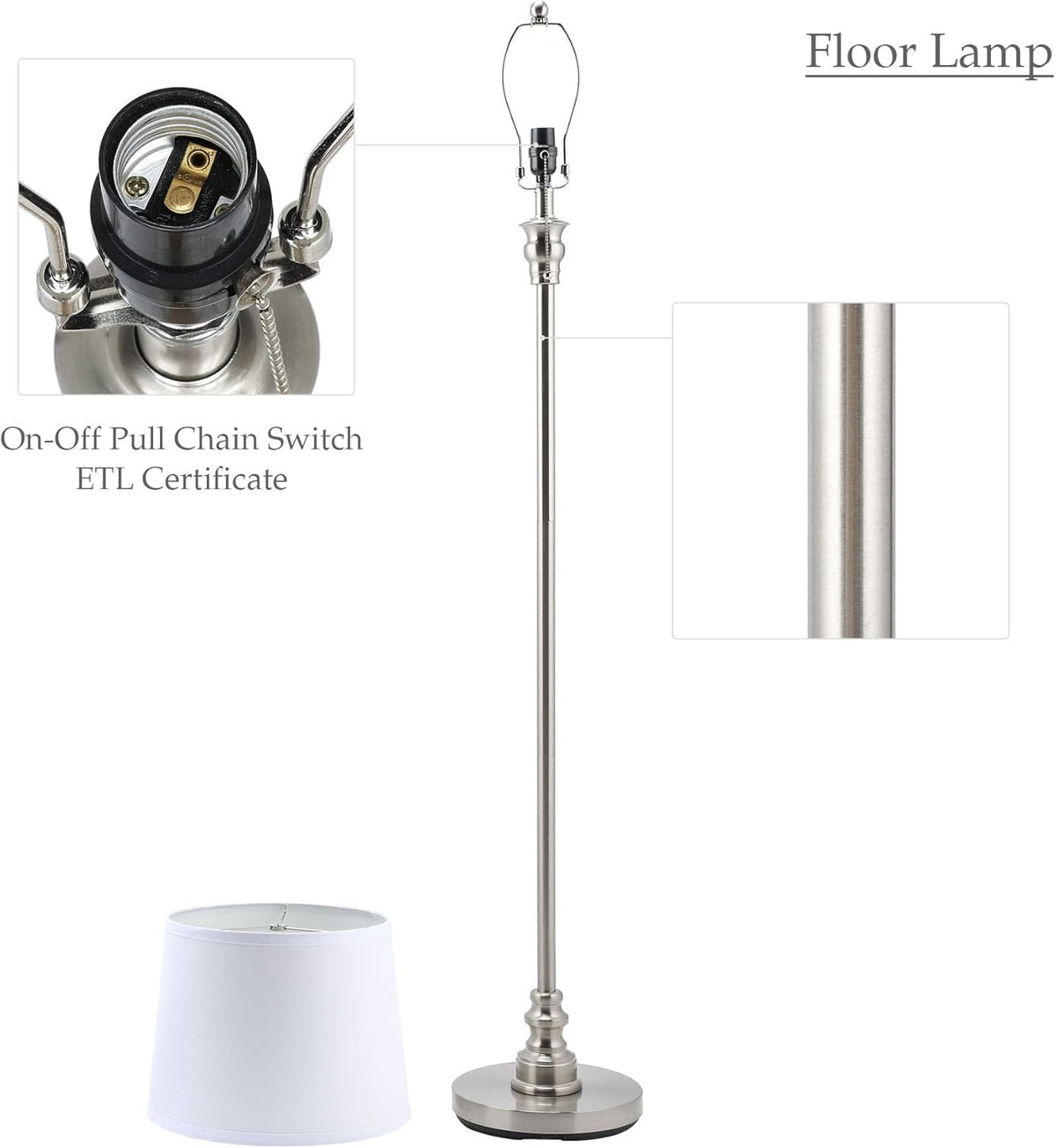 3 Lamp Set with White Fabric Shade Table and Floor Lamp Steel Finish N227956