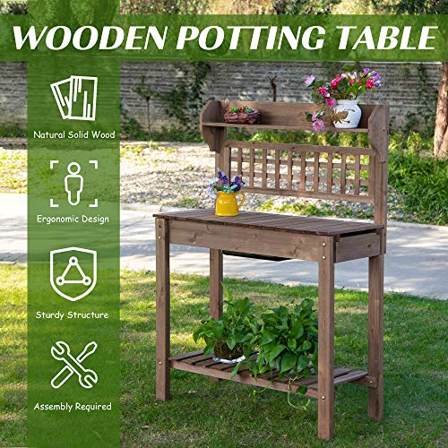 Brown Wooden Potting Bench Table with Sliding Tabletop and Storage Shelf R393