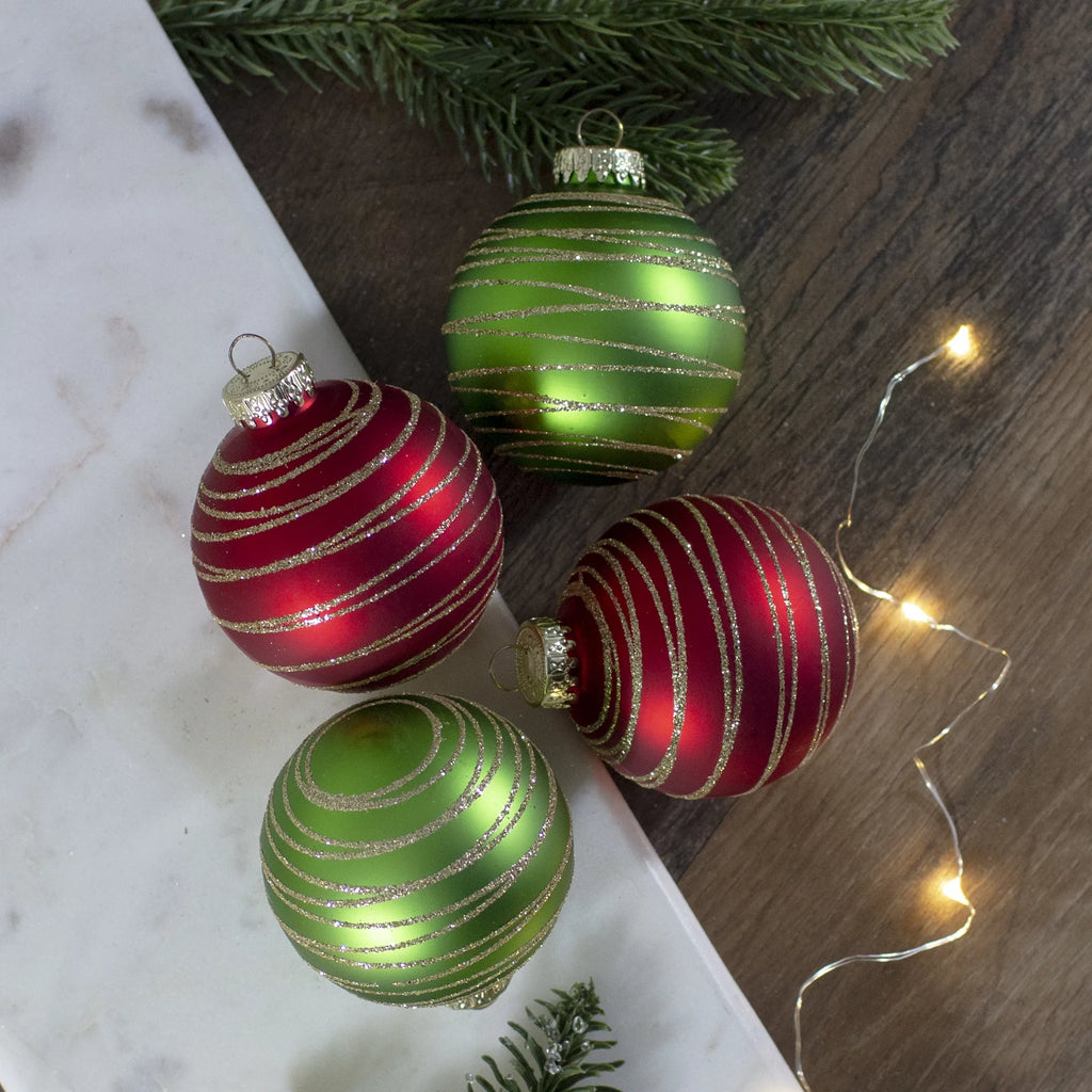 4ct Glass Red Green Matte Christmas Ball Ornaments 3.25-Inch E2229