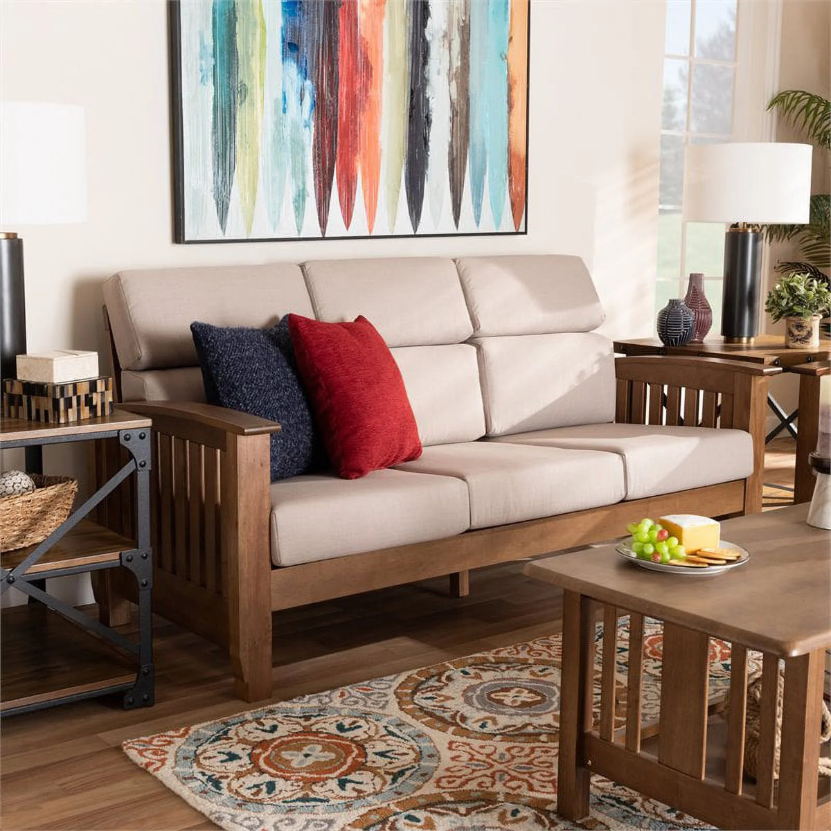 Modern Wood Fabric 3-Seater Sofa in Taupe Walnut Brown R4597
