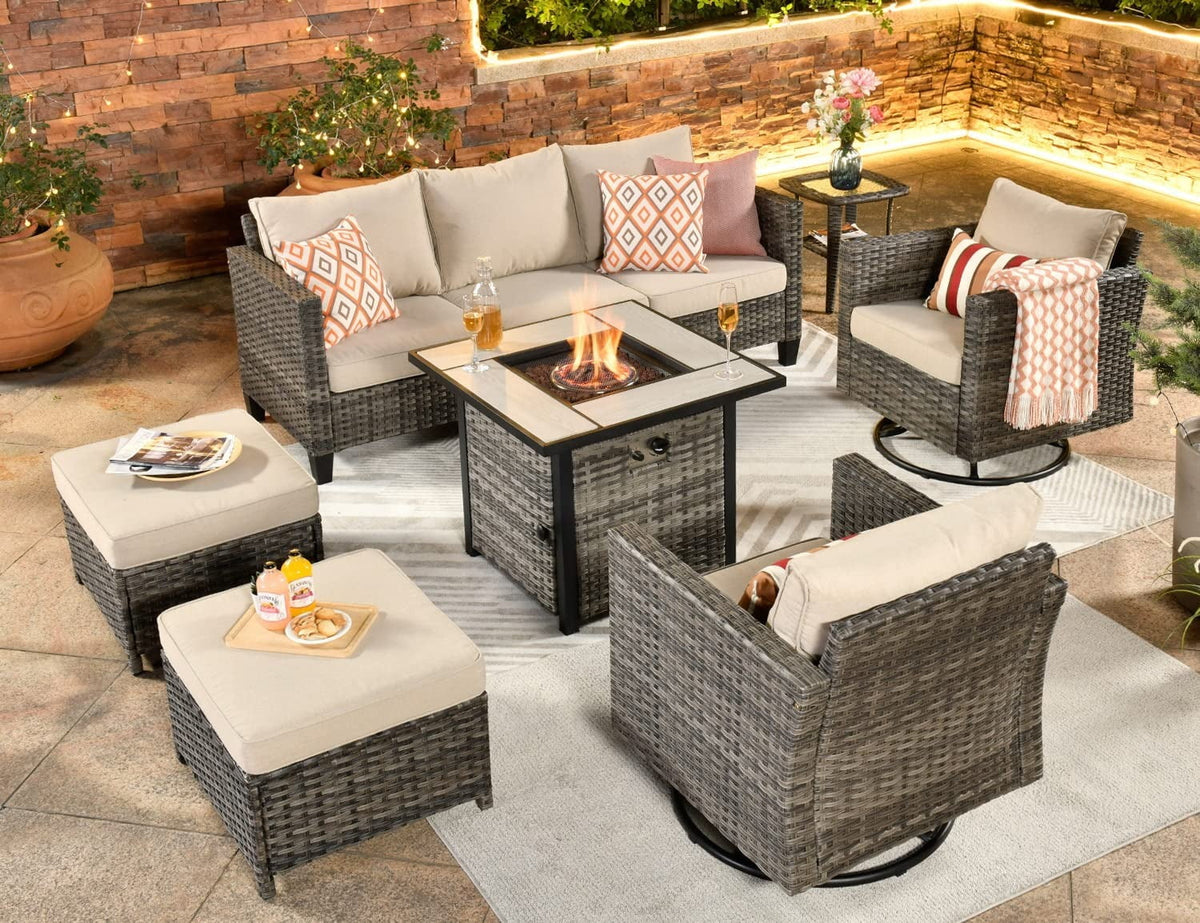 7 Pieces All Weather Wicker Patio Furniture Set with Fire Pit Table W416