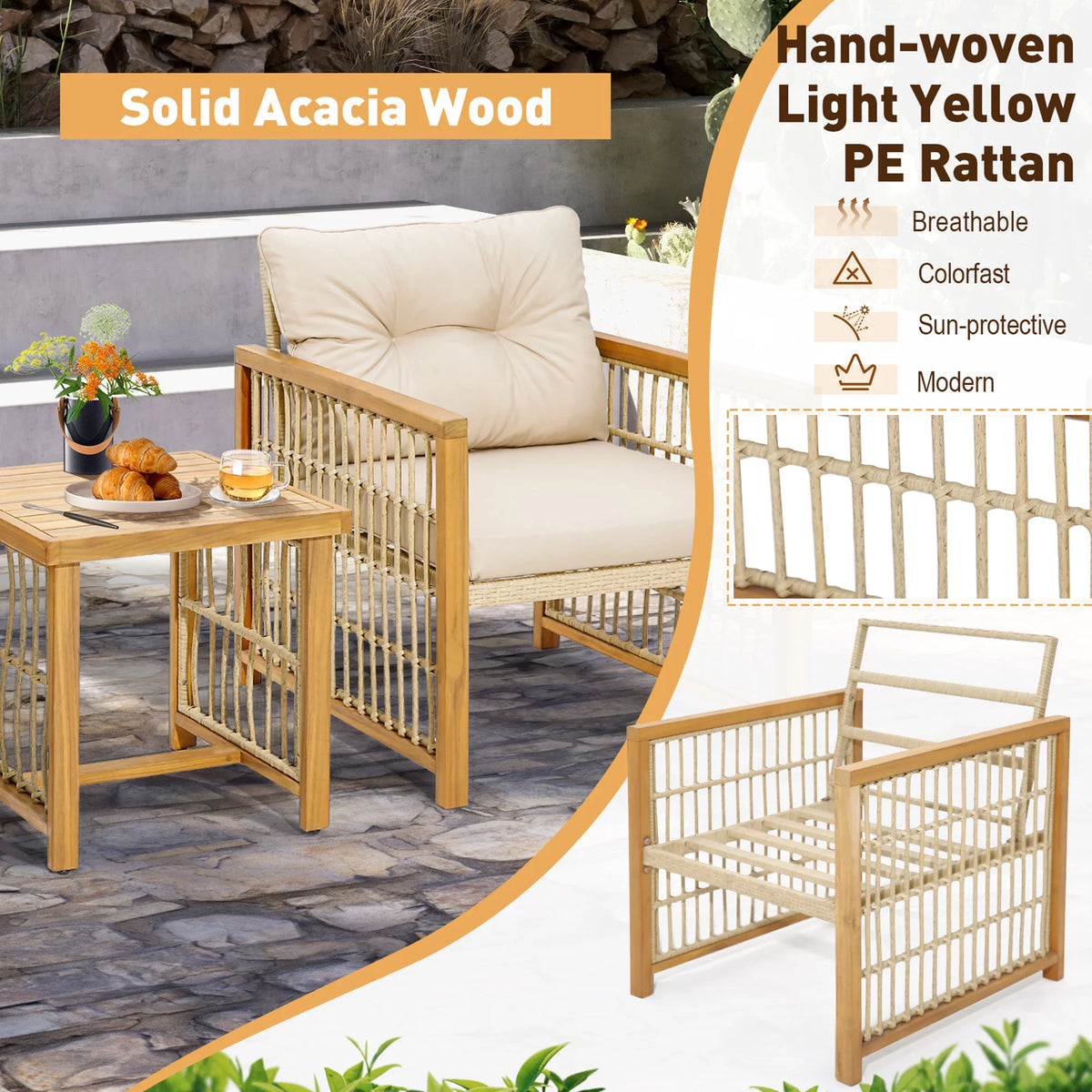3 Pc PE Wicker Patio Conversation Set with Cushions G7294