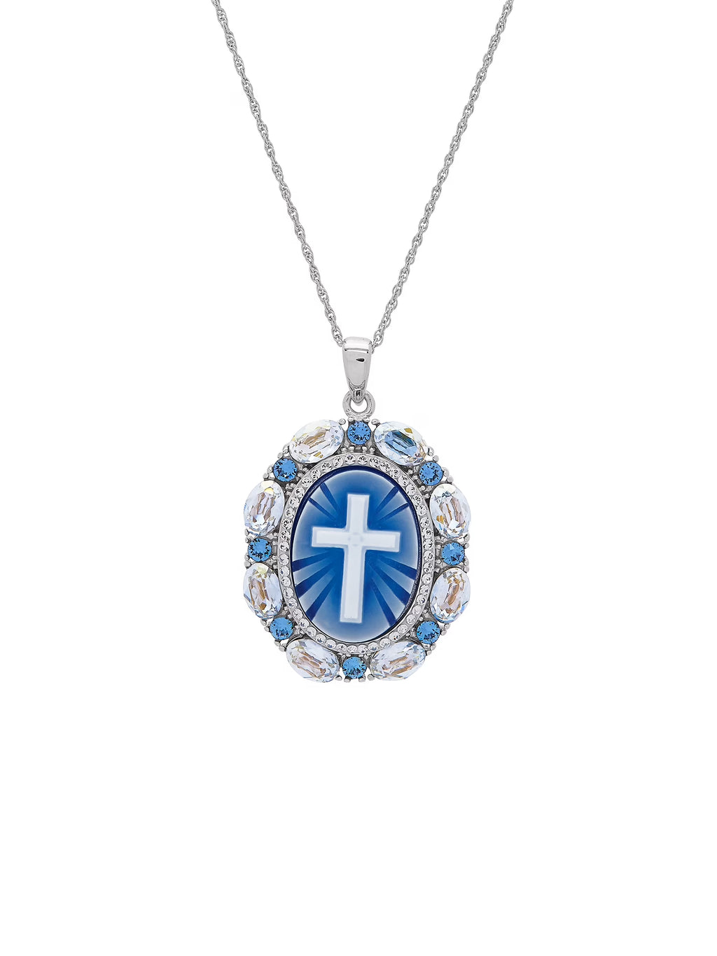 Blue Cross Oval Cameo Crystal Pendant in Sterling Silver, 18'' O907