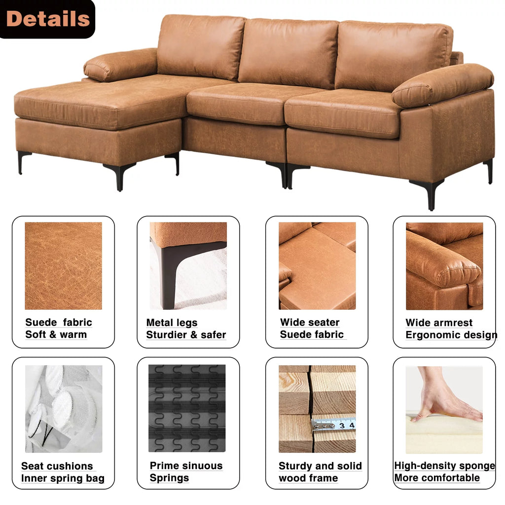 100" Convertible Sectional Sofa L Shaped Suede Couch F11702