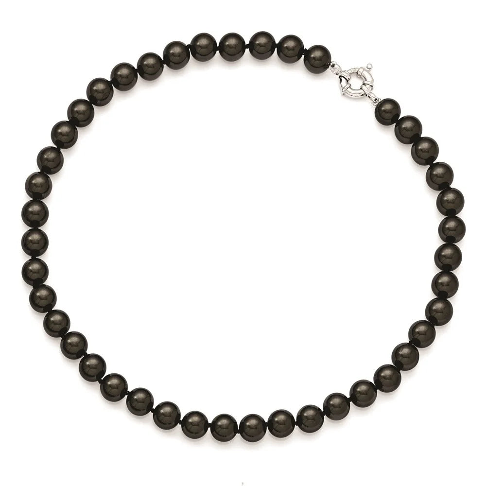925 Sterling Silver Rhodium-plated 10-11 mm Black Imitation Shell Pearl Hand-knotted Necklace 18" E168427