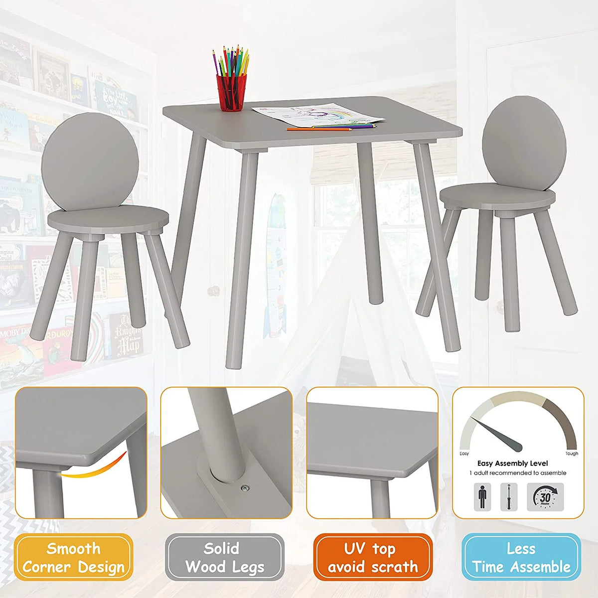 2-in-1 Kids Table with 2 Chairs Set, Gray N892