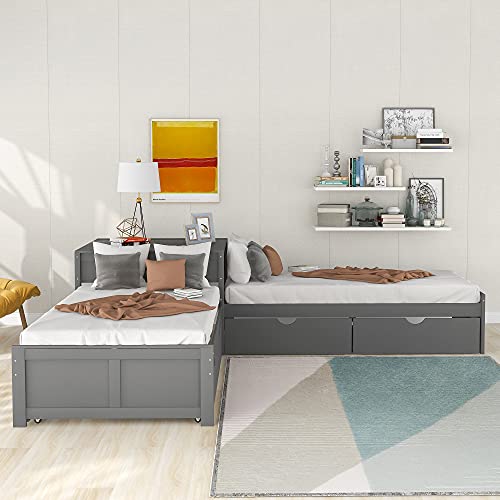 Grey Wood L-Shaped Corner Platform Beds with Trundle, Double Twin Size Beds with 2 Drawers G891458