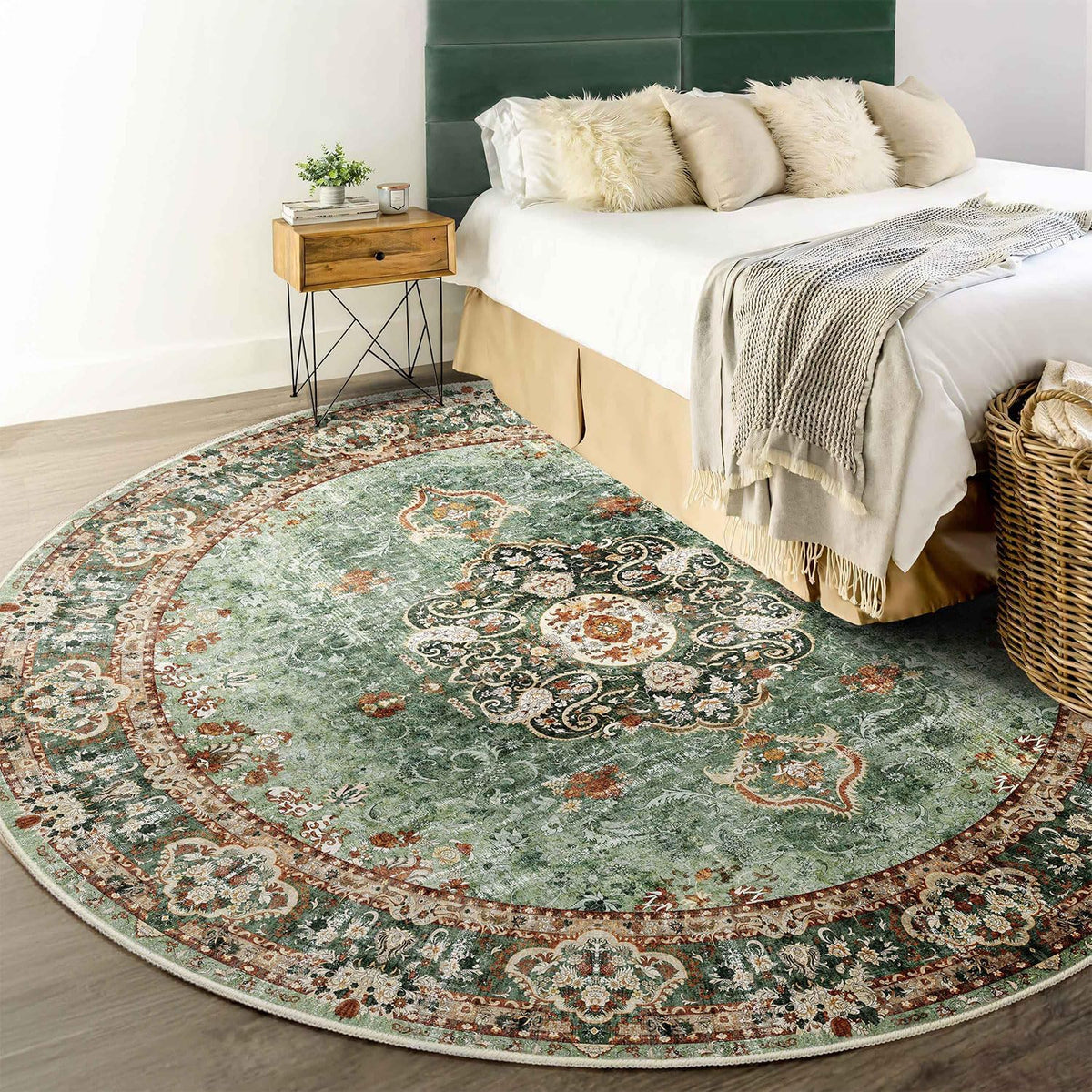 Green Round 6ft Washable Non Slip Rug B159