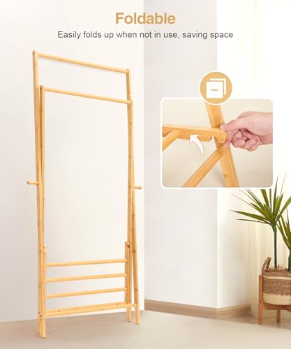 Bamboo Clothes Rack with Storage Shelf, Foldable Wardrobe Storage Rack (Natural) S745