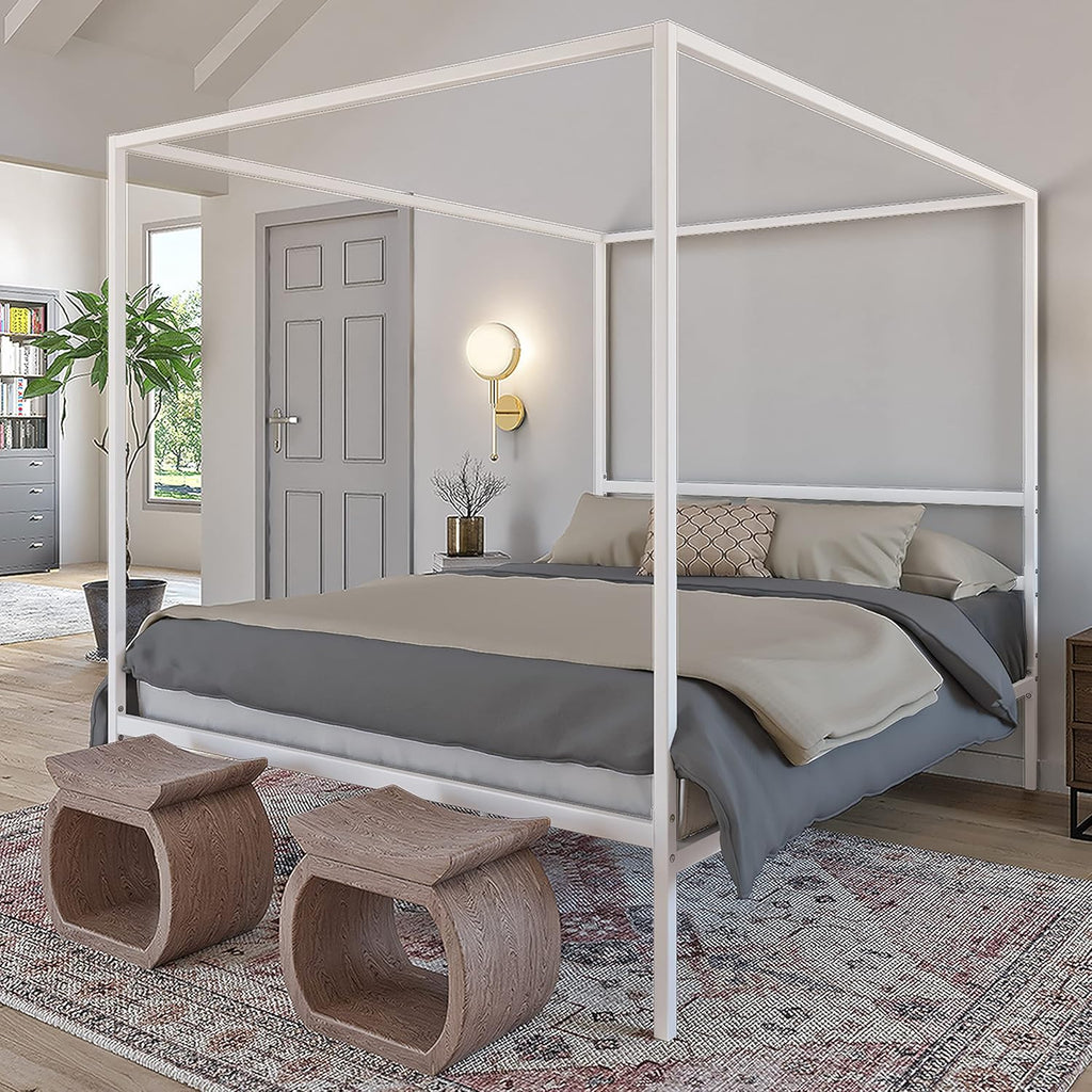 Queen Size Gold Metal Canopy Platform Bed Frame with Wooden Slats A722