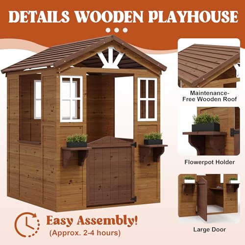 Cedar Wooden Kids Playhouse with Play Kitchen and Vinyl Roof U9617
