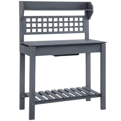 Brown Wooden Potting Bench Table with Sliding Tabletop and Storage Shelf R393