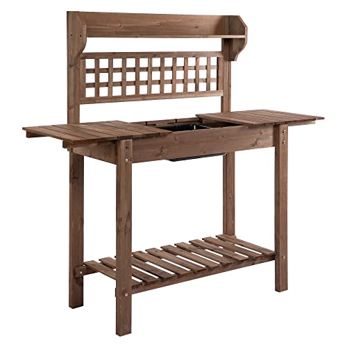 Brown Wooden Potting Bench Table with Sliding Tabletop and Storage Shelf R393