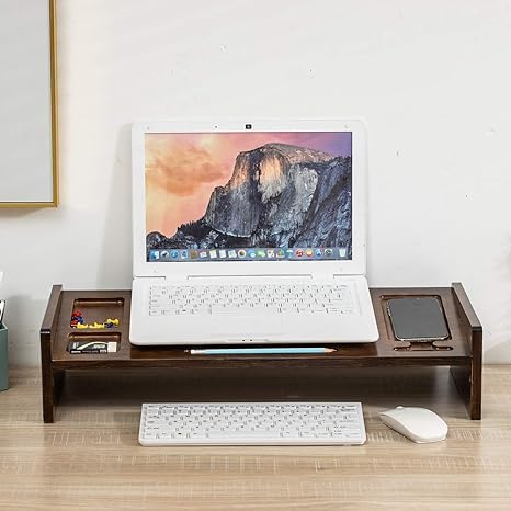 Bamboo Monitor Stand Riser with Drawer, 2 Tier Desk Organizer Stand H652981