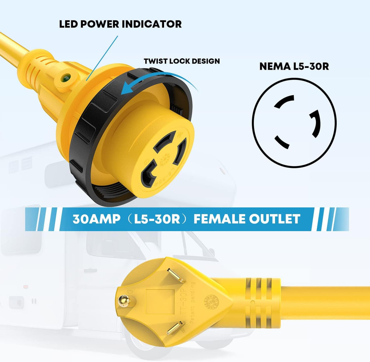 25' 30 Amp RV Power Extension Cord with 15 Amp to 30 Amp Adapter P541