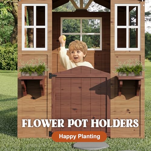 Cedar Wooden Kids Playhouse with Play Kitchen and Vinyl Roof U9617