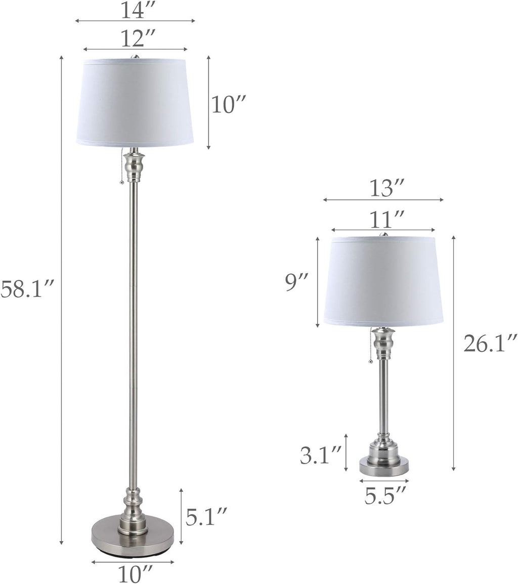 3 Lamp Set with White Fabric Shade Table and Floor Lamp Steel Finish N227956